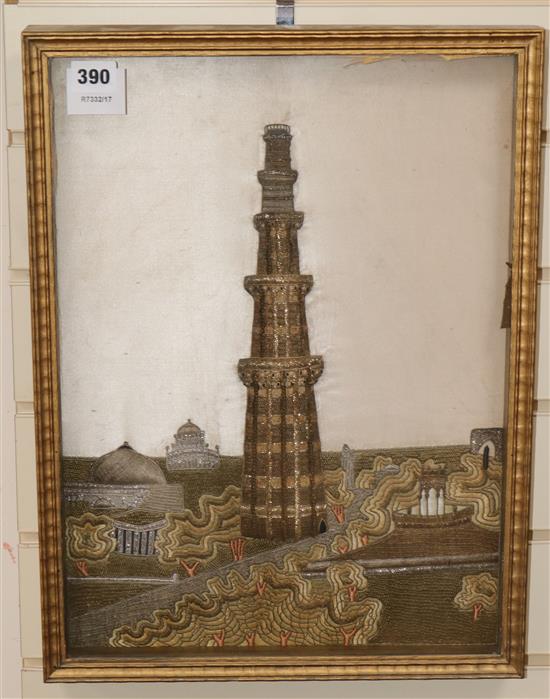 An Indian silver and gold threadwork panel of the Qutb Minar